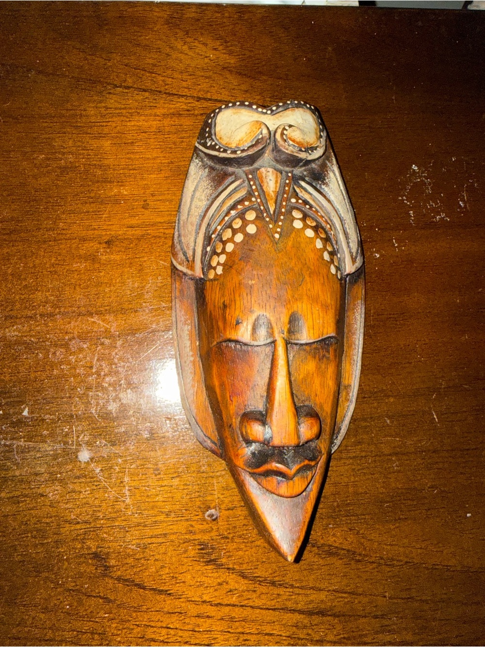 Hand Carved Wooden Tribal Mask - Warm Brown & Cream Accents